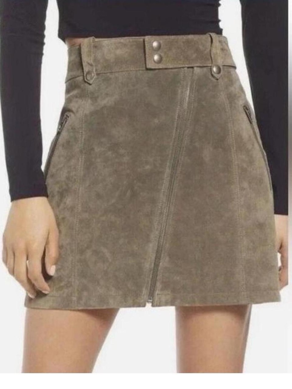 Blank NYC Olive Suede Mini Skirt with Front Zip Sz 2  26waist